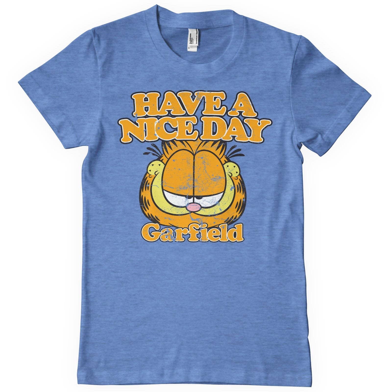 Blue t-shirt with Garfield graphic and 'Have a Nice Day Garfield' text on a white background