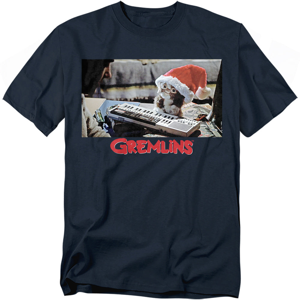 Navy blue t-shirt with a graphic of a gremlin on a keyboard and 'Gremlins' text, on a white background.