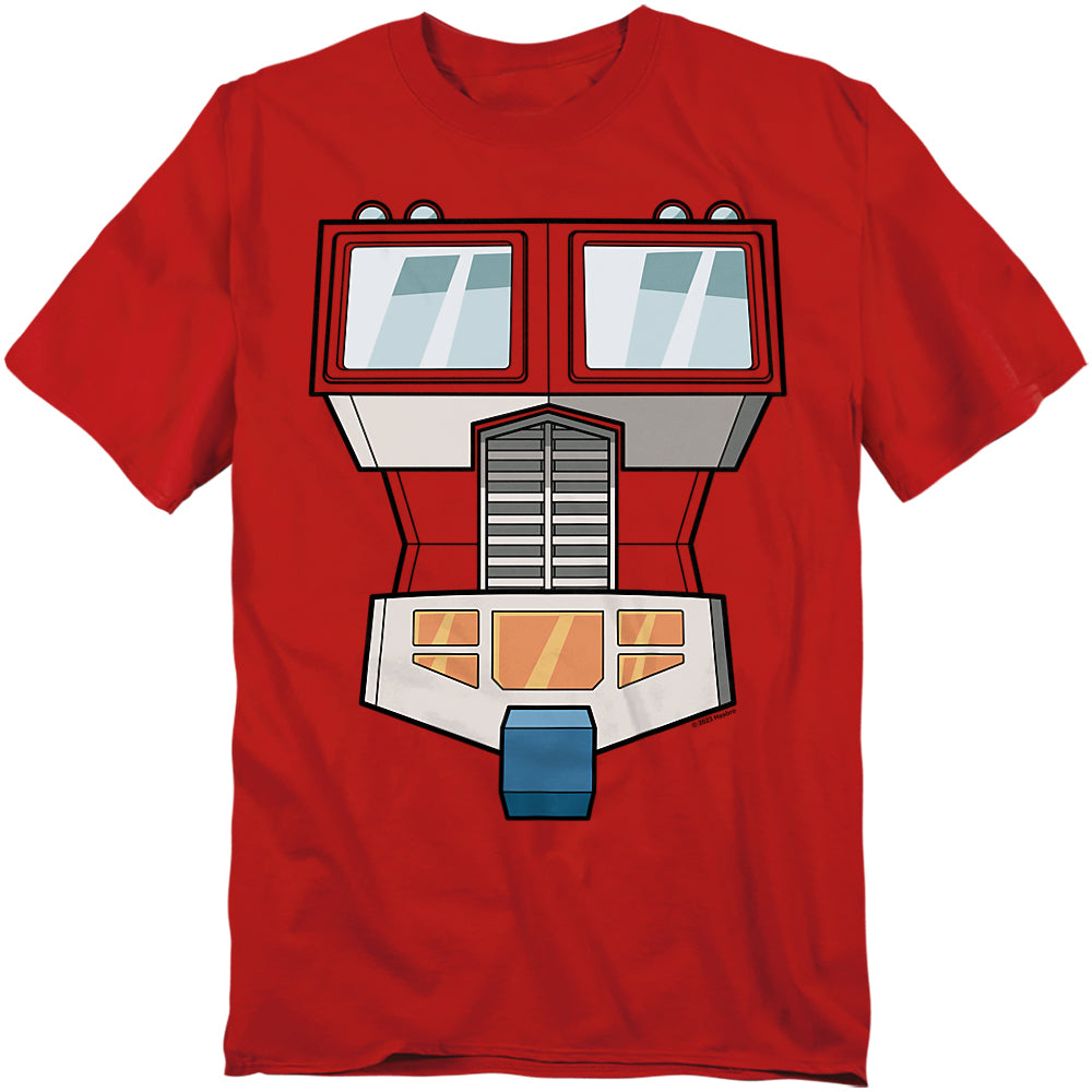 Red t-shirt featuring a bold cartoon-style graphic of Optimus Prime’s truck cab front, with windshield, grill, and headlights designed as his iconic face.