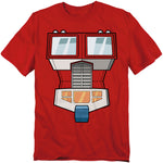 Red t-shirt featuring a bold cartoon-style graphic of Optimus Prime’s truck cab front, with windshield, grill, and headlights designed as his iconic face.