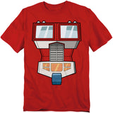 Red t-shirt featuring a bold cartoon-style graphic of Optimus Prime’s truck cab front, with windshield, grill, and headlights designed as his iconic face.