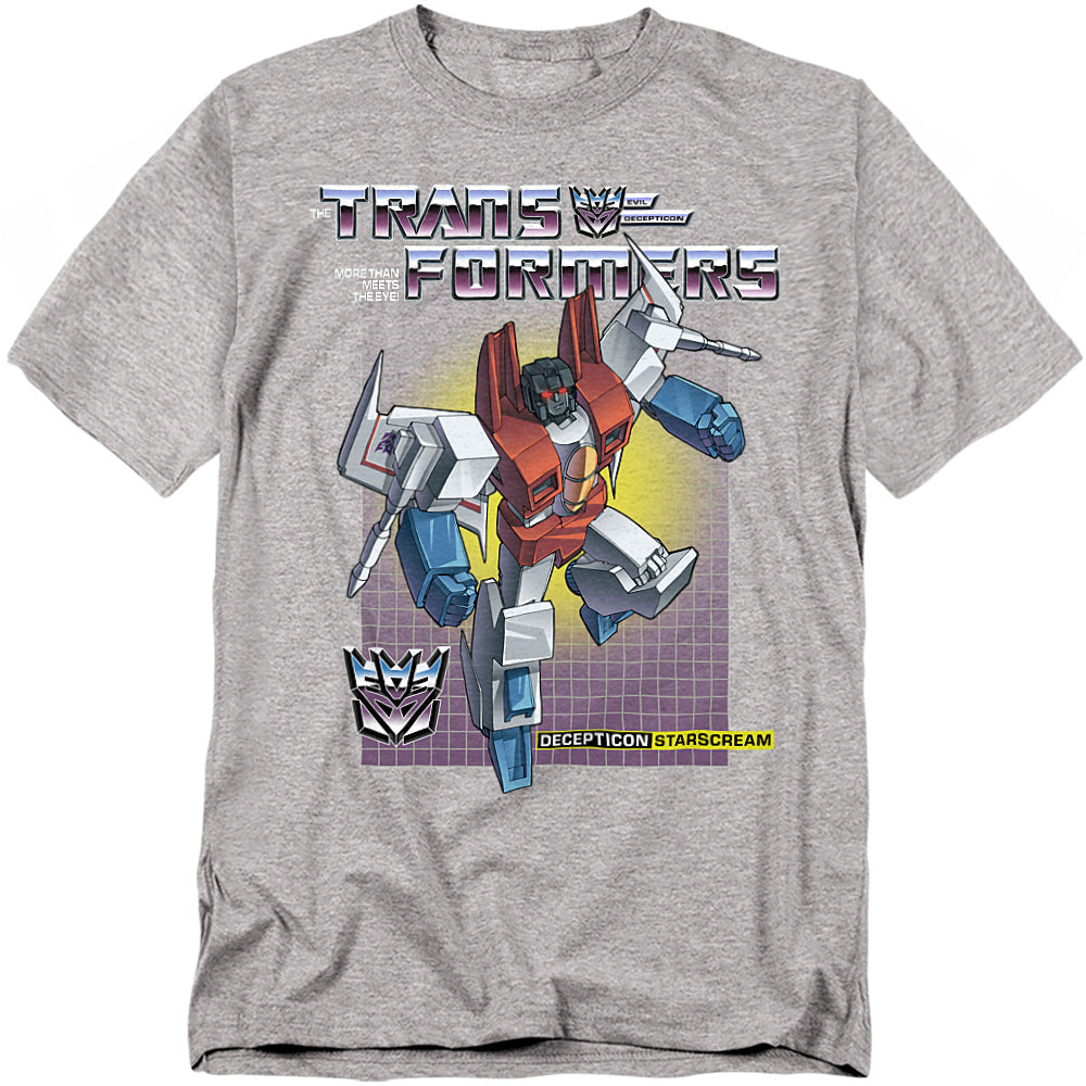 Gray t-shirt featuring Starscream in cartoon style with the Transformers logo, Decepticon insignia, and purple grid background.