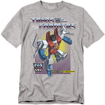 Gray t-shirt featuring Starscream in cartoon style with the Transformers logo, Decepticon insignia, and purple grid background.