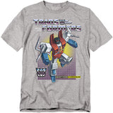 Gray t-shirt featuring Starscream in cartoon style with the Transformers logo, Decepticon insignia, and purple grid background.