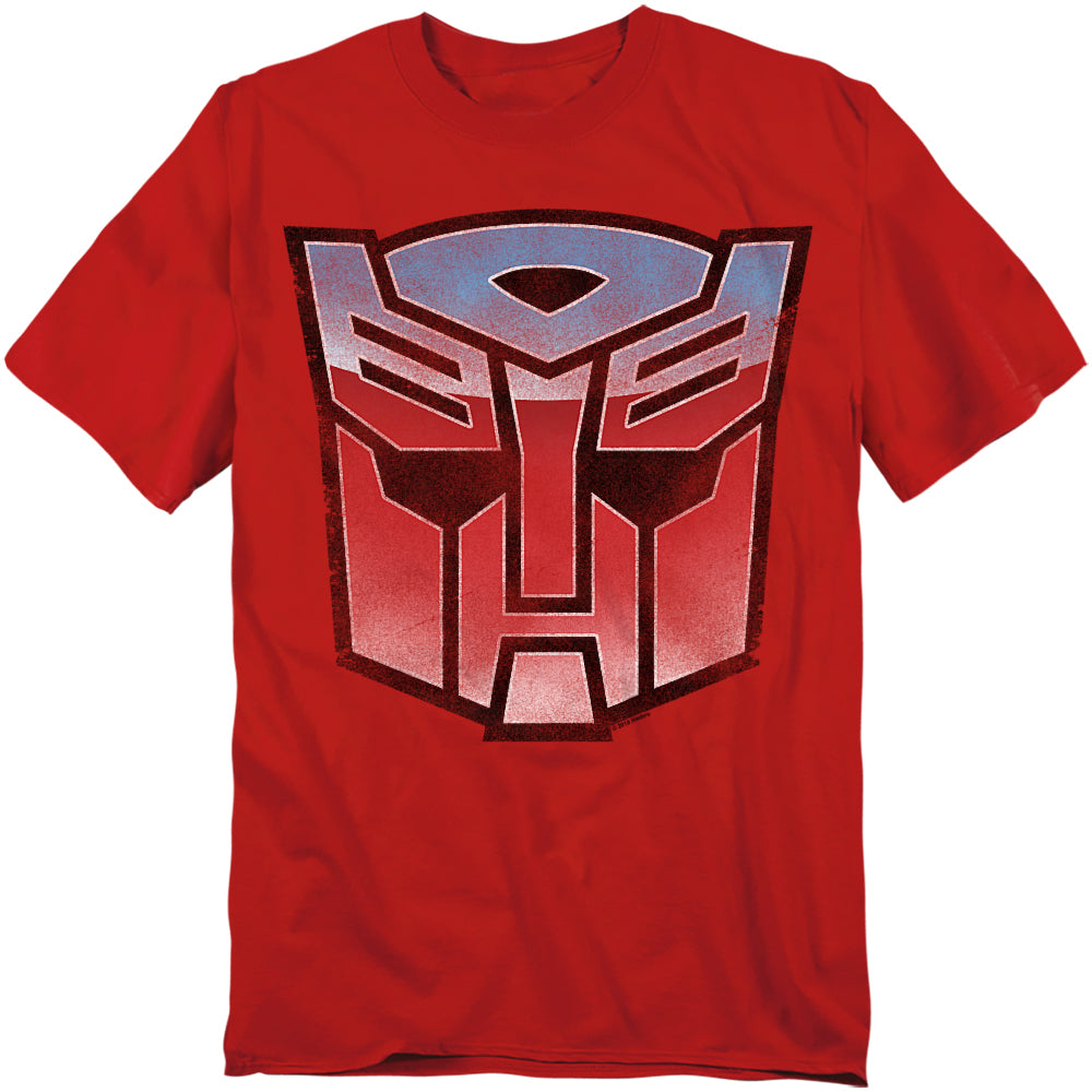 Red t-shirt featuring the metallic silver, blue, and red Transformers Autobot logo centered on the chest.