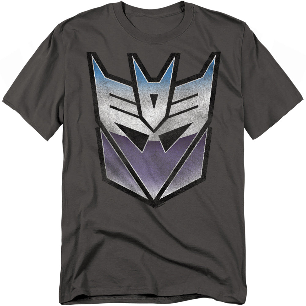 Charcoal t-shirt featuring the metallic silver, blue, and purple Transformers Decepticon logo centered on the chest.