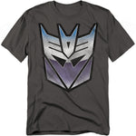 Charcoal t-shirt featuring the metallic silver, blue, and purple Transformers Decepticon logo centered on the chest.