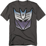 Charcoal t-shirt featuring the metallic silver, blue, and purple Transformers Decepticon logo centered on the chest.
