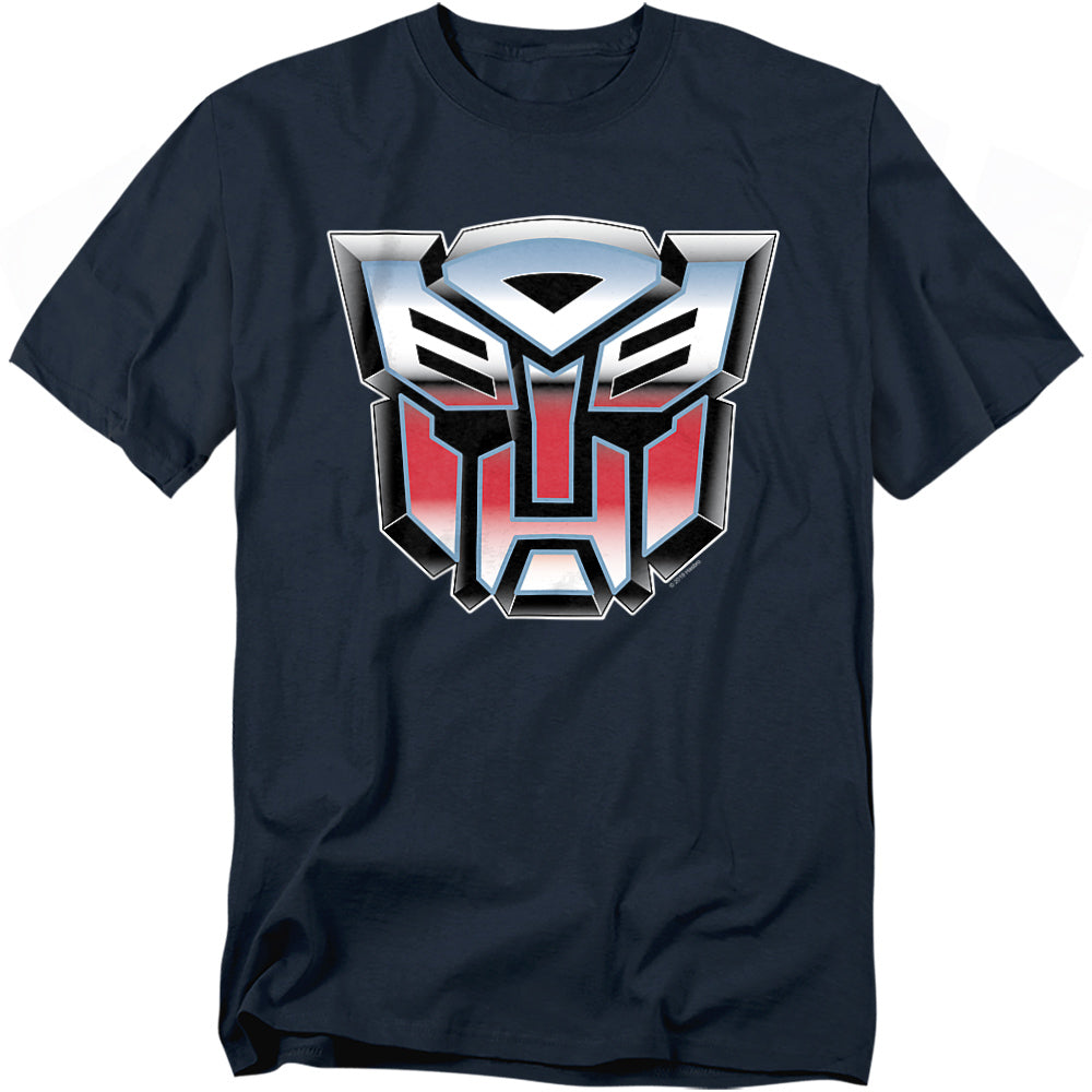 Navy blue t-shirt featuring the metallic red-and-silver Transformers Autobot logo centered on the chest.