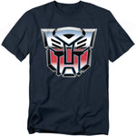 Navy blue t-shirt featuring the metallic red-and-silver Transformers Autobot logo centered on the chest.