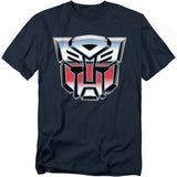 Navy blue t-shirt featuring the metallic red-and-silver Transformers Autobot logo centered on the chest.