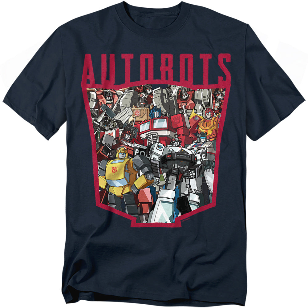 Navy blue t-shirt featuring the red Autobot logo outline filled with Optimus Prime, Bumblebee, Jazz, Prowl, Hot Rod, and other Autobots in cartoon style.