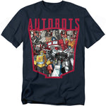 Navy blue t-shirt featuring the red Autobot logo outline filled with Optimus Prime, Bumblebee, Jazz, Prowl, Hot Rod, and other Autobots in cartoon style.