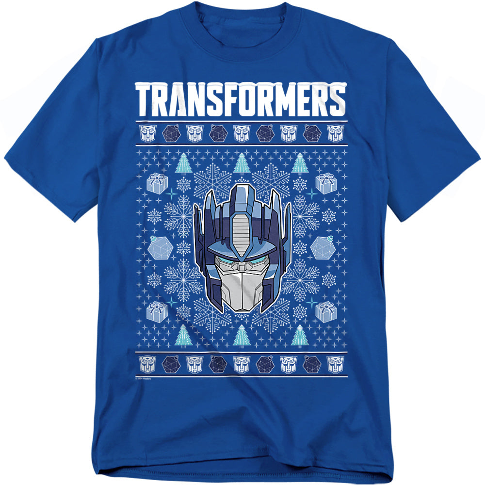 Blue t-shirt with 'Transformers' logo and design on a white background