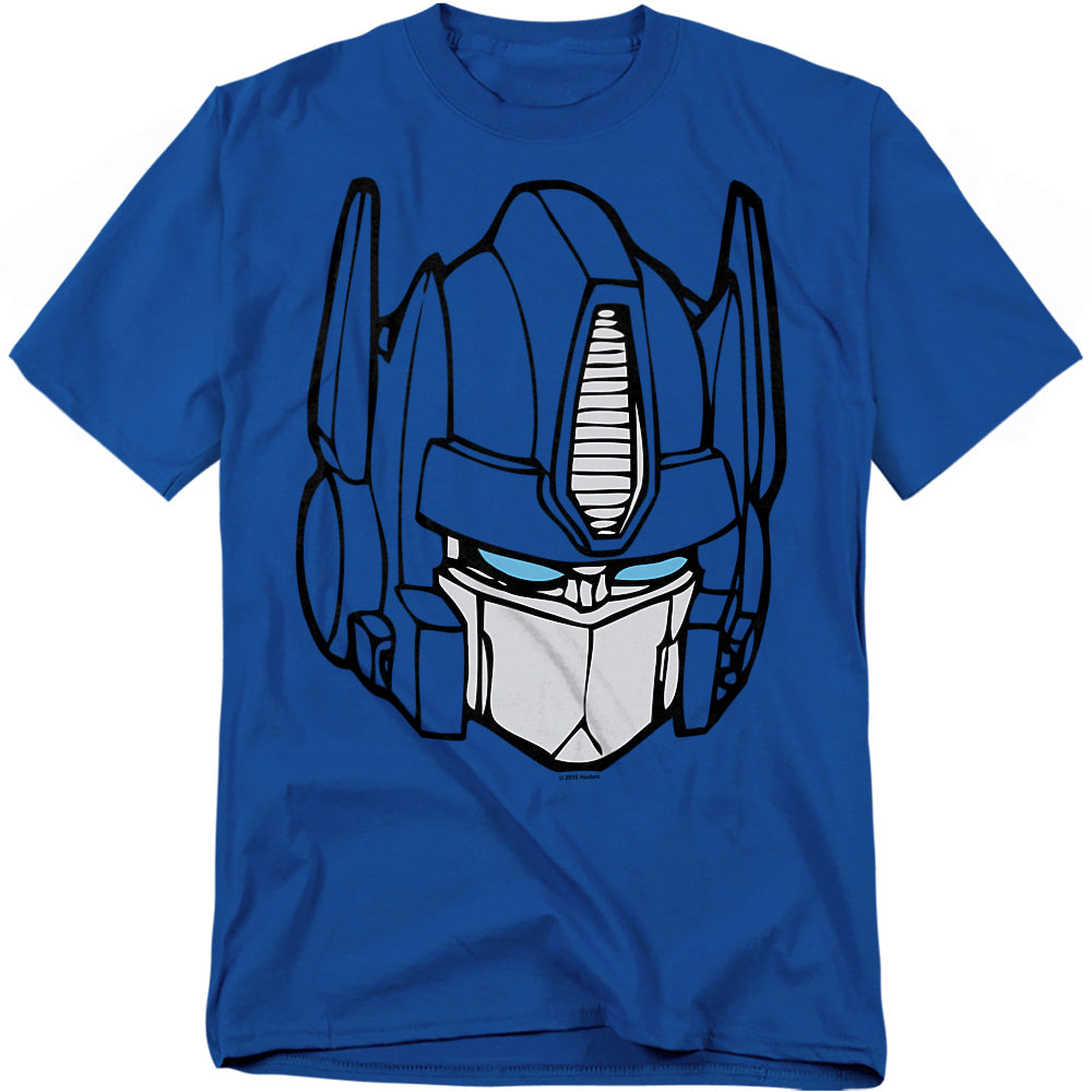 Blue t-shirt featuring a large cartoon-style close-up of Optimus Prime’s face in bold black and white line art with light blue eyes.