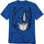 Blue t-shirt featuring a large cartoon-style close-up of Optimus Prime’s face in bold black and white line art with light blue eyes.
