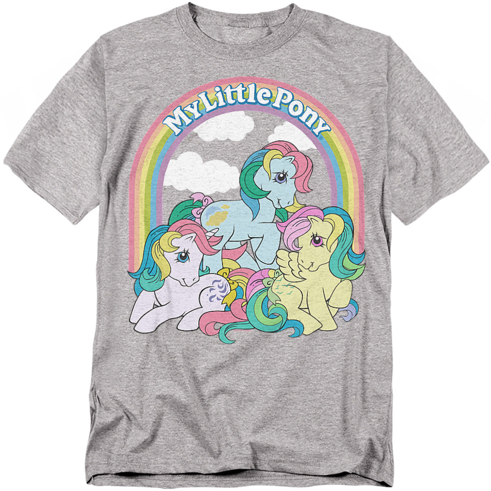 Gray t-shirt with pastel My Little Pony characters under a rainbow and clouds, vintage-style artwork.