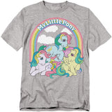 Gray t-shirt with pastel My Little Pony characters under a rainbow and clouds, vintage-style artwork.