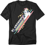 Black t-shirt featuring a vintage My Little Pony Pegasus flying with a rainbow trail and stars, alongside the words “Be Awesome.”