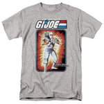 Heather gray t-shirt featuring G.I. Joe’s Storm Shadow in his classic white ninja outfit with swords, against explosive vintage card art background.