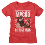 Red t-shirt with graphic design and text 'Have a Very Macho Christmas' on a white background