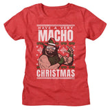 Red t-shirt with graphic design and text 'Have a Very Macho Christmas' on a white background