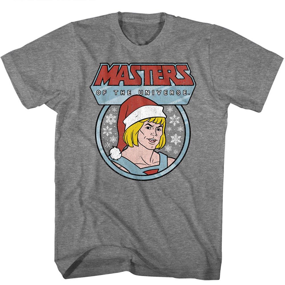 Heather gray t-shirt featuring He-Man in a Santa hat with snowflakes and the Masters of the Universe logo.