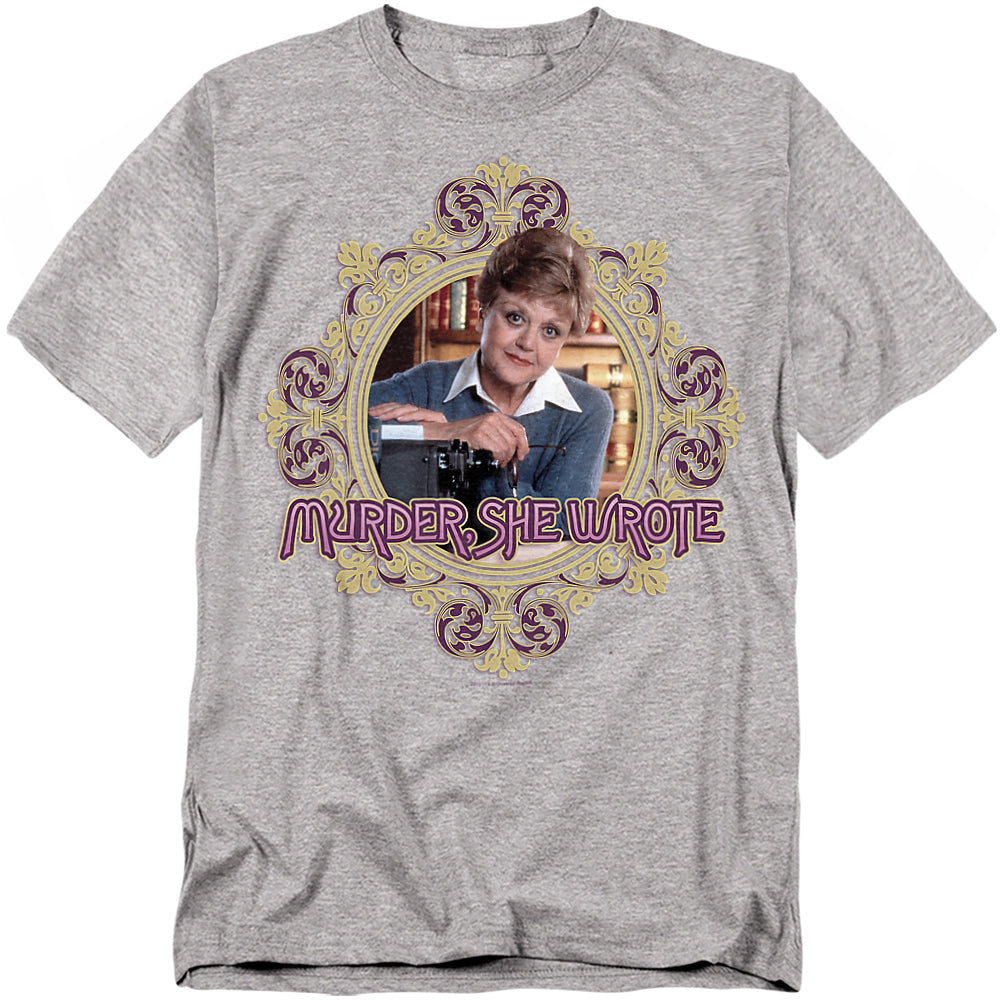 Gray Murder, She Wrote t-shirt featuring Angela Lansbury as Jessica Fletcher framed in an ornate golden design with purple lettering.