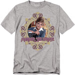 Gray Murder, She Wrote t-shirt featuring Angela Lansbury as Jessica Fletcher framed in an ornate golden design with purple lettering.