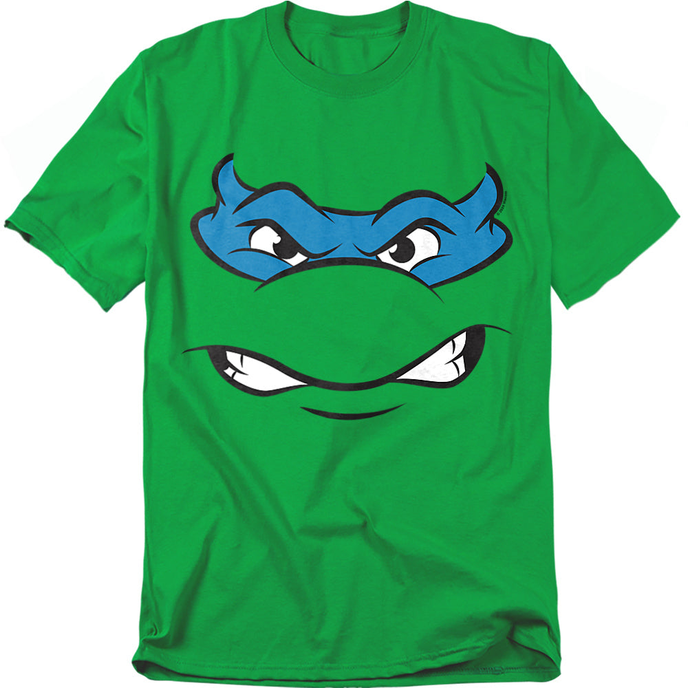 Green t-shirt featuring Leonardo’s face from Teenage Mutant Ninja Turtles with a stern expression in his blue mask.