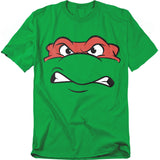 Green t-shirt featuring Raphael’s face from Teenage Mutant Ninja Turtles with an angry cartoon expression in red mask.