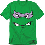 Green t-shirt featuring Donatello’s face from Teenage Mutant Ninja Turtles with a determined, angry cartoon expression in purple mask.