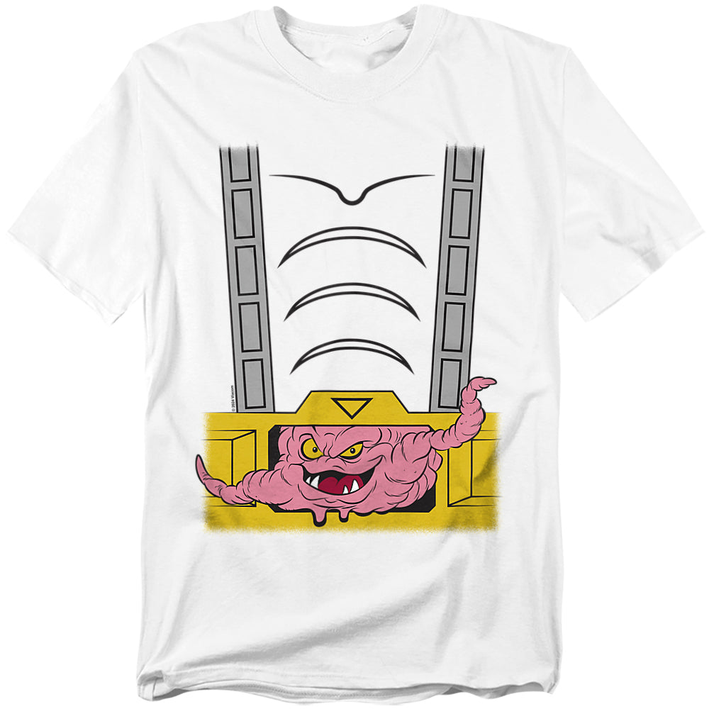 White t-shirt featuring Teenage Mutant Ninja Turtles villain Krang inside his exo-suit chest plate design, with bold cartoon details.