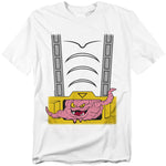 White t-shirt featuring Teenage Mutant Ninja Turtles villain Krang inside his exo-suit chest plate design, with bold cartoon details.