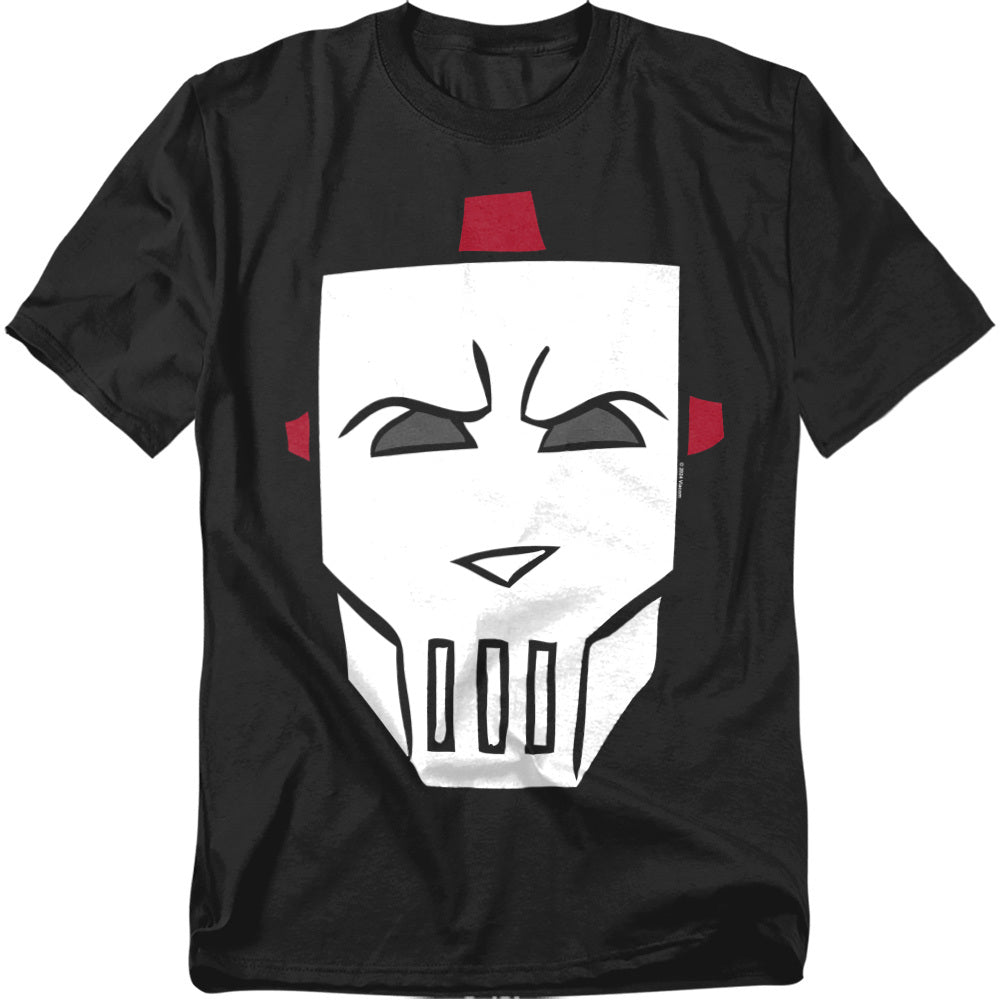 Black t-shirt featuring the bold white hockey mask face design of Casey Jones from Teenage Mutant Ninja Turtles, with red accents.