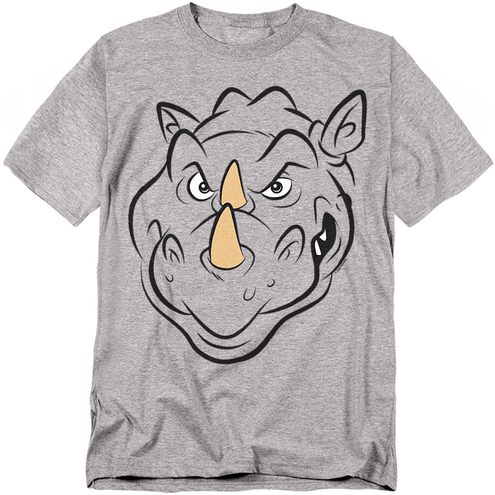 Heather gray t-shirt featuring a bold graphic of Rocksteady’s face from Teenage Mutant Ninja Turtles, with his yellow horn and tough expression.
