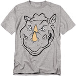 Heather gray t-shirt featuring a bold graphic of Rocksteady’s face from Teenage Mutant Ninja Turtles, with his yellow horn and tough expression.
