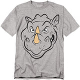 Heather gray t-shirt featuring a bold graphic of Rocksteady’s face from Teenage Mutant Ninja Turtles, with his yellow horn and tough expression.