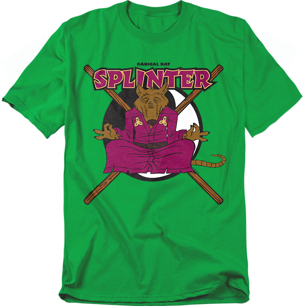 Green Teenage Mutant Ninja Turtles t-shirt featuring Master Splinter meditating with bo staffs crossed behind him and the text ‘Splinter Radical Rat.’