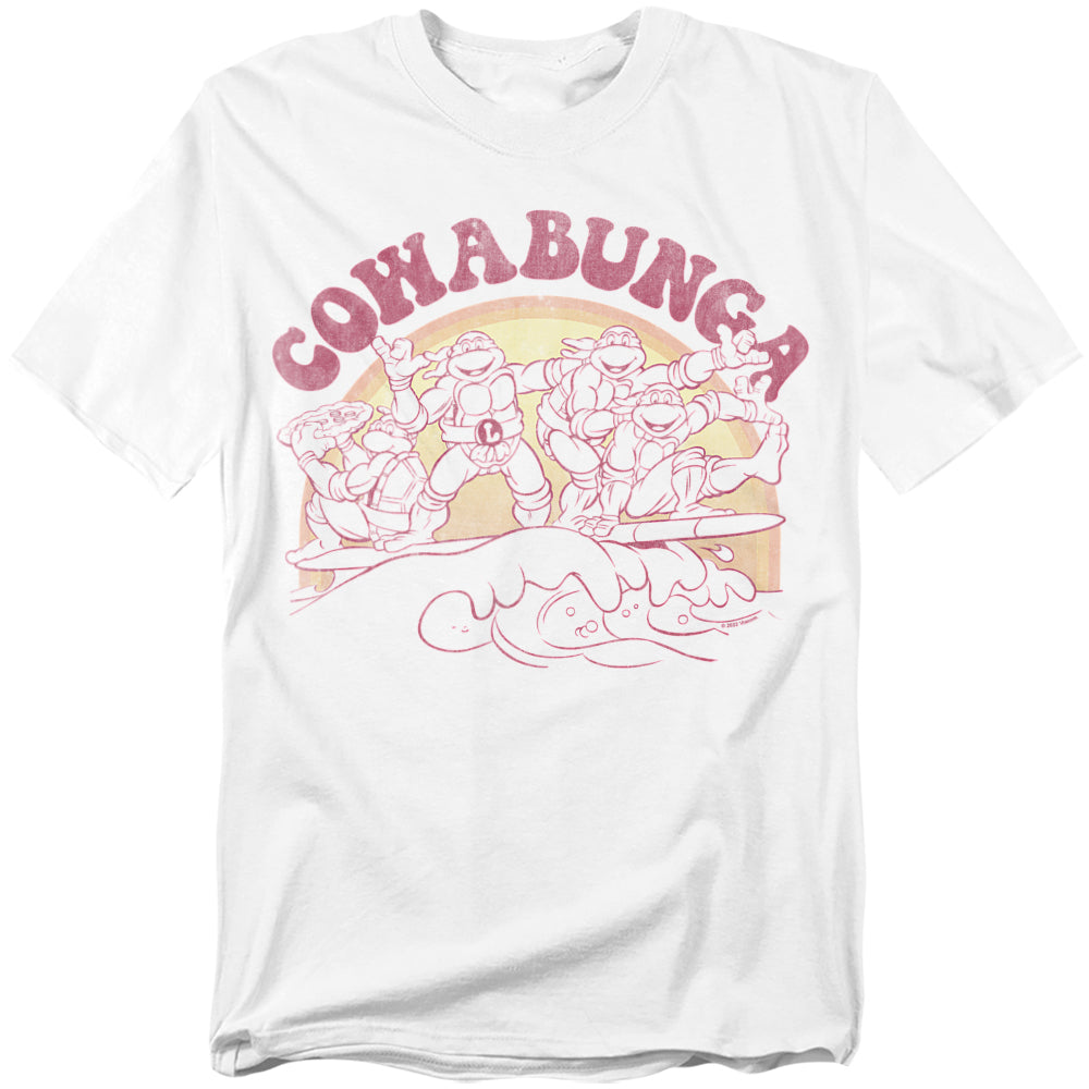 Teenage Mutant Ninja Turtles Cowabunga surf t-shirt with vintage-style faded design of Leonardo, Donatello, Raphael, and Michelangelo surfing into the sunset.
