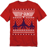 Red t-shirt featuring a knit-style Top Gun design with fighter jets, stars, and holiday sweater patterns.