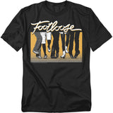 Black t-shirt with the Footloose logo above a graphic of dancing legs on a yellow background.