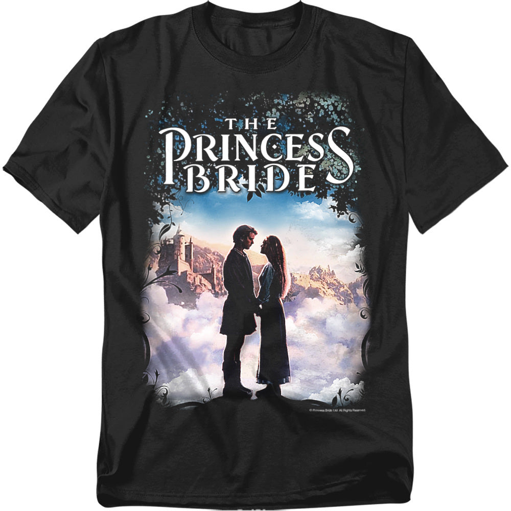 Black The Princess Bride t-shirt featuring a romantic silhouette of Westley and Buttercup standing together with a castle in the background and the movie logo above.