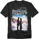 Black The Princess Bride t-shirt featuring a romantic silhouette of Westley and Buttercup standing together with a castle in the background and the movie logo above.