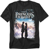 Black The Princess Bride t-shirt featuring a romantic silhouette of Westley and Buttercup standing together with a castle in the background and the movie logo above.