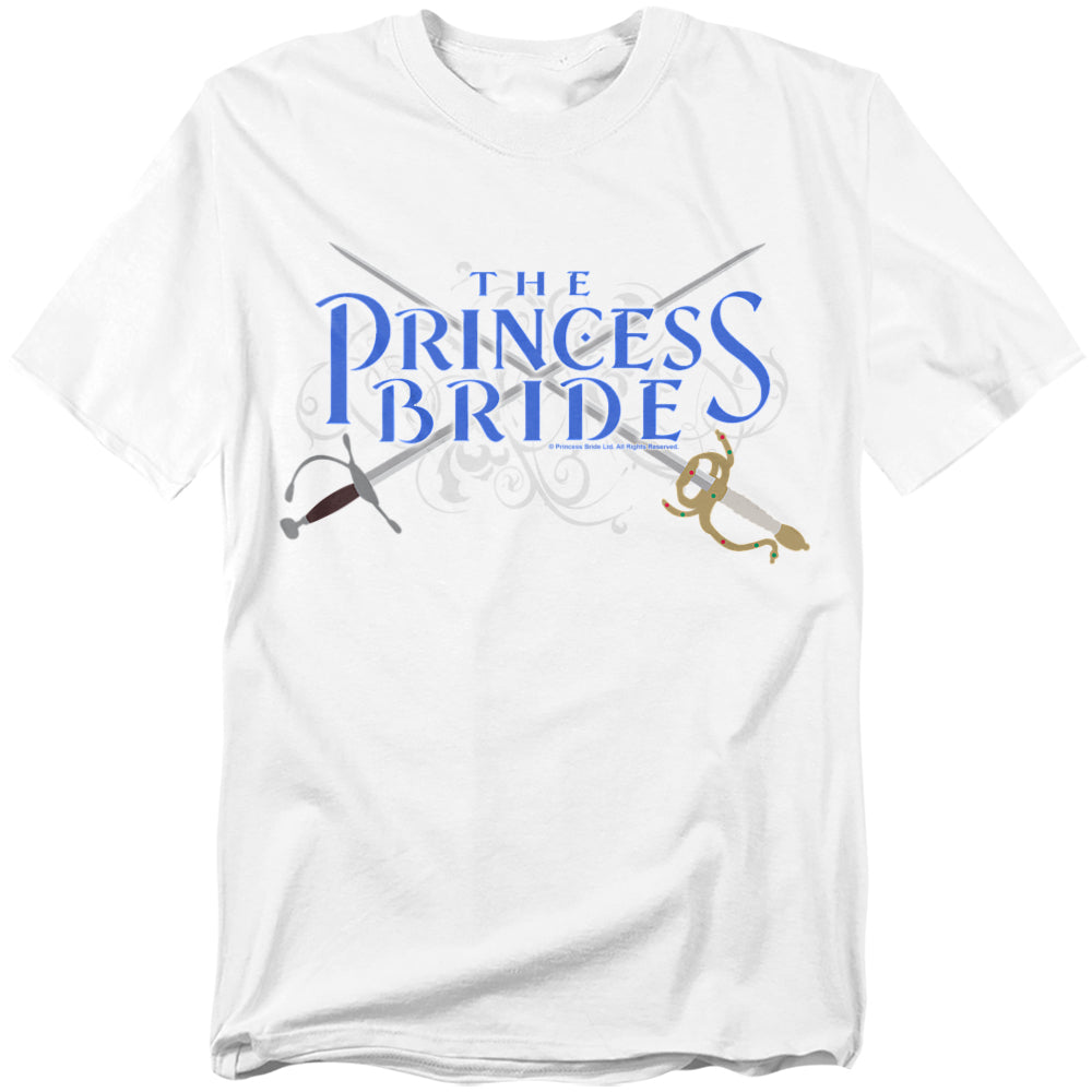 White t-shirt featuring The Princess Bride logo in blue with crossed swords behind it.