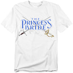 White t-shirt featuring The Princess Bride logo in blue with crossed swords behind it.
