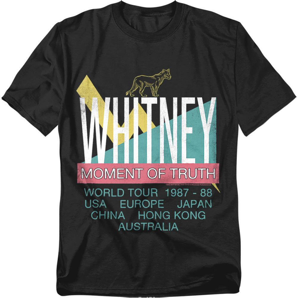 Black t-shirt with Whitney Houston’s 1987-88 “Moment of Truth World Tour” design featuring bold geometric graphics and international tour stops.