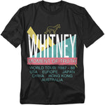 Black t-shirt with Whitney Houston’s 1987-88 “Moment of Truth World Tour” design featuring bold geometric graphics and international tour stops.