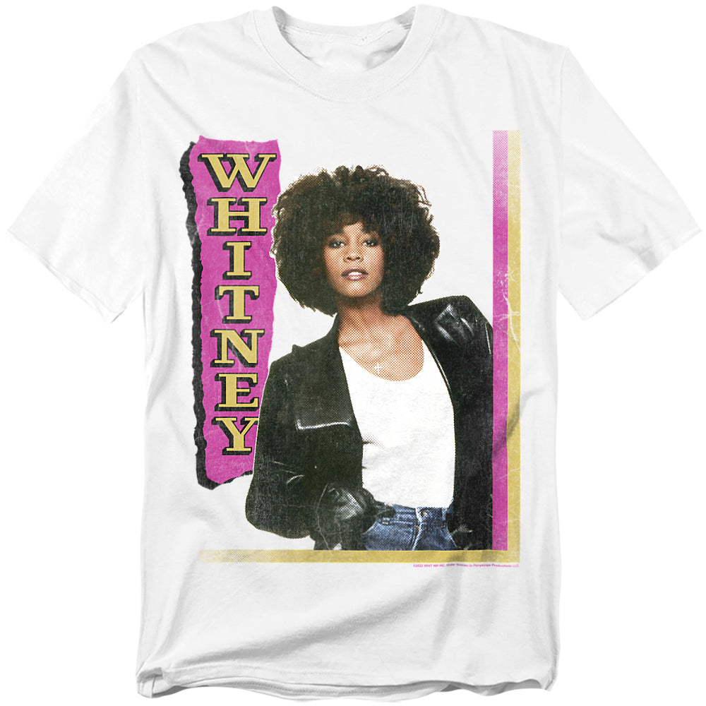 White t-shirt featuring Whitney Houston’s 80s portrait framed with pink and gold retro-style graphics.